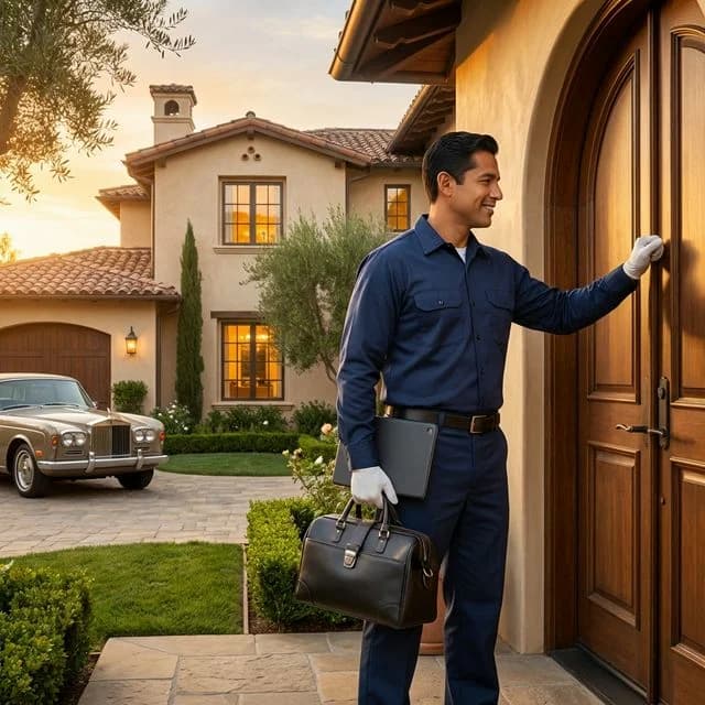 Pest control technician arriving at a Beverly Hills residence