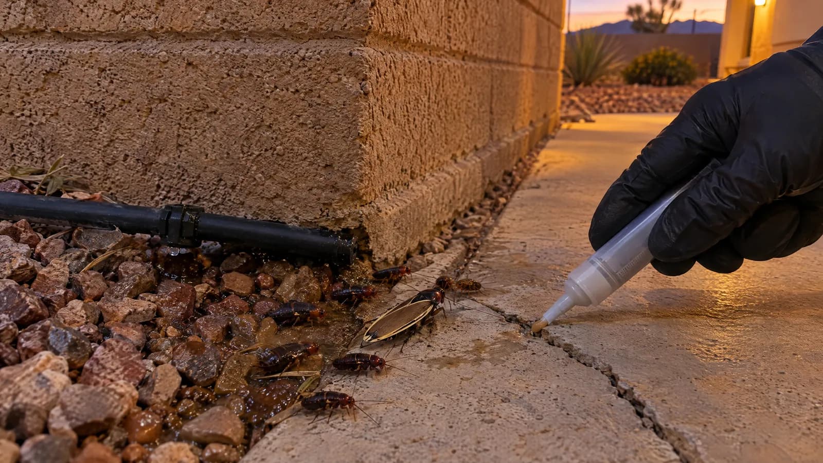 Base of a tan slump-block garden wall at dusk in a gravel desert yard, with Turkestan cockroach nymphs and a pale-winged adult male at a crack in the concrete slab beside a drip irrigation line