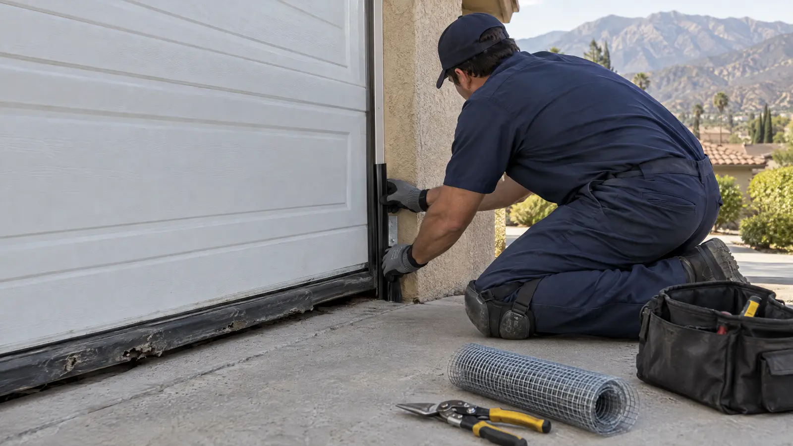 Technician kneeling at the bottom corner of a roll-up garage door on a stucco house, fitting a new rodent-proof seal into a gap, with the San Gabriel Mountains visible in the distance