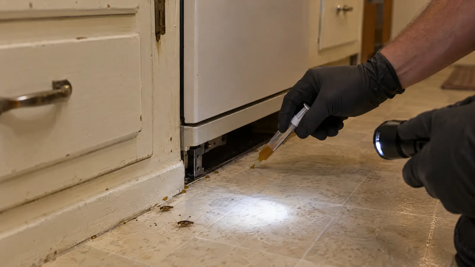Technician holding a flashlight and placing small dots of cockroach gel bait along the baseboard beside a dishwasher in a compact home kitchen