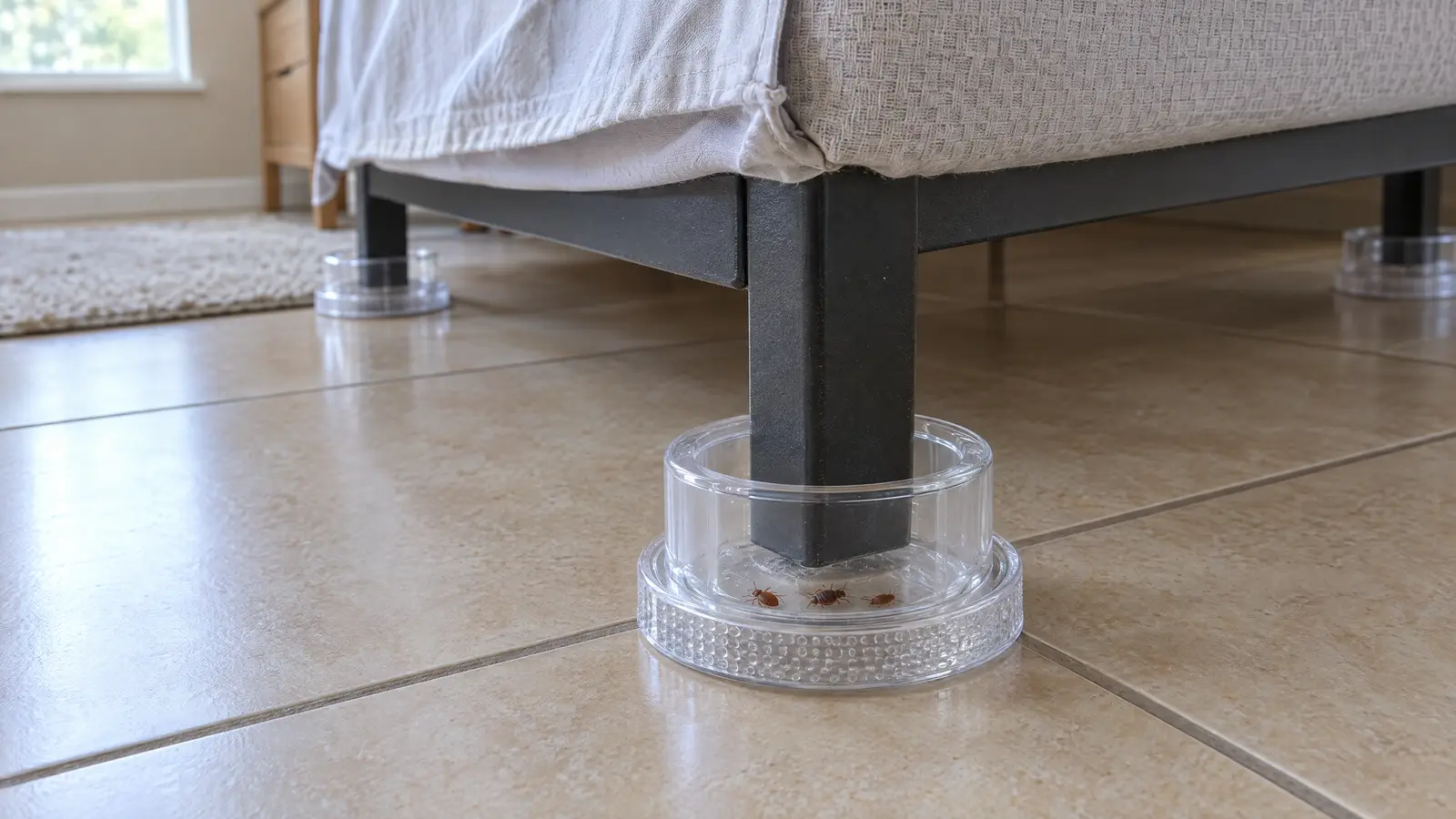 Clear plastic bed bug interceptor cups under the legs of a metal bed frame beside a box spring corner in a small apartment bedroom with a tile floor