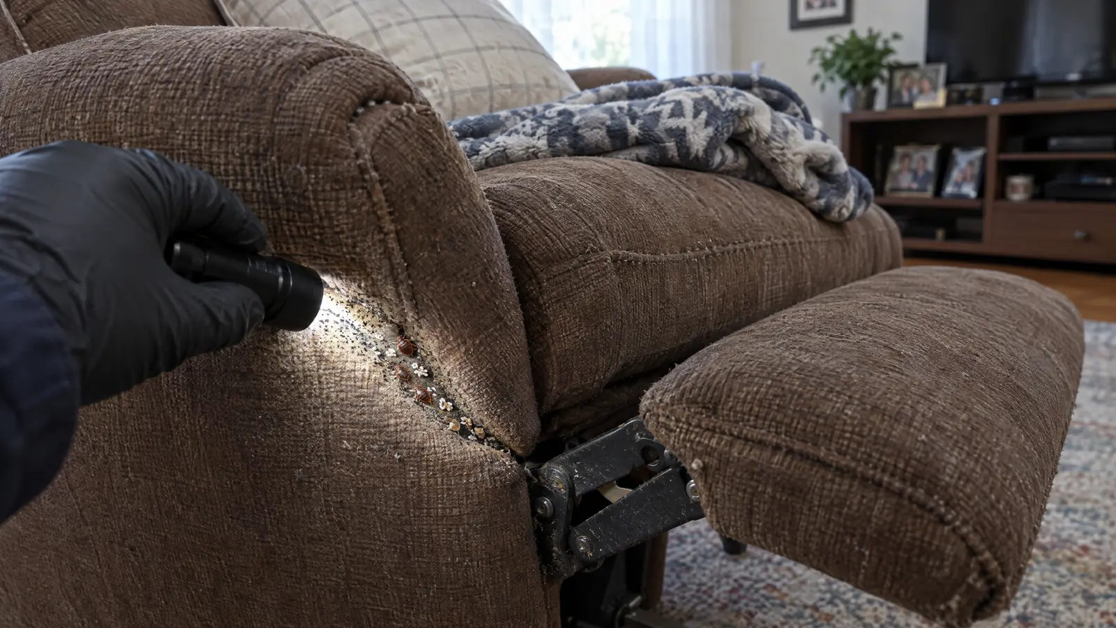 Gloved hand shining a flashlight into the seat crease and footrest hinge of a fabric recliner used as a bed in a small living room, revealing reddish-brown bed bugs, pale eggs and dark spotting