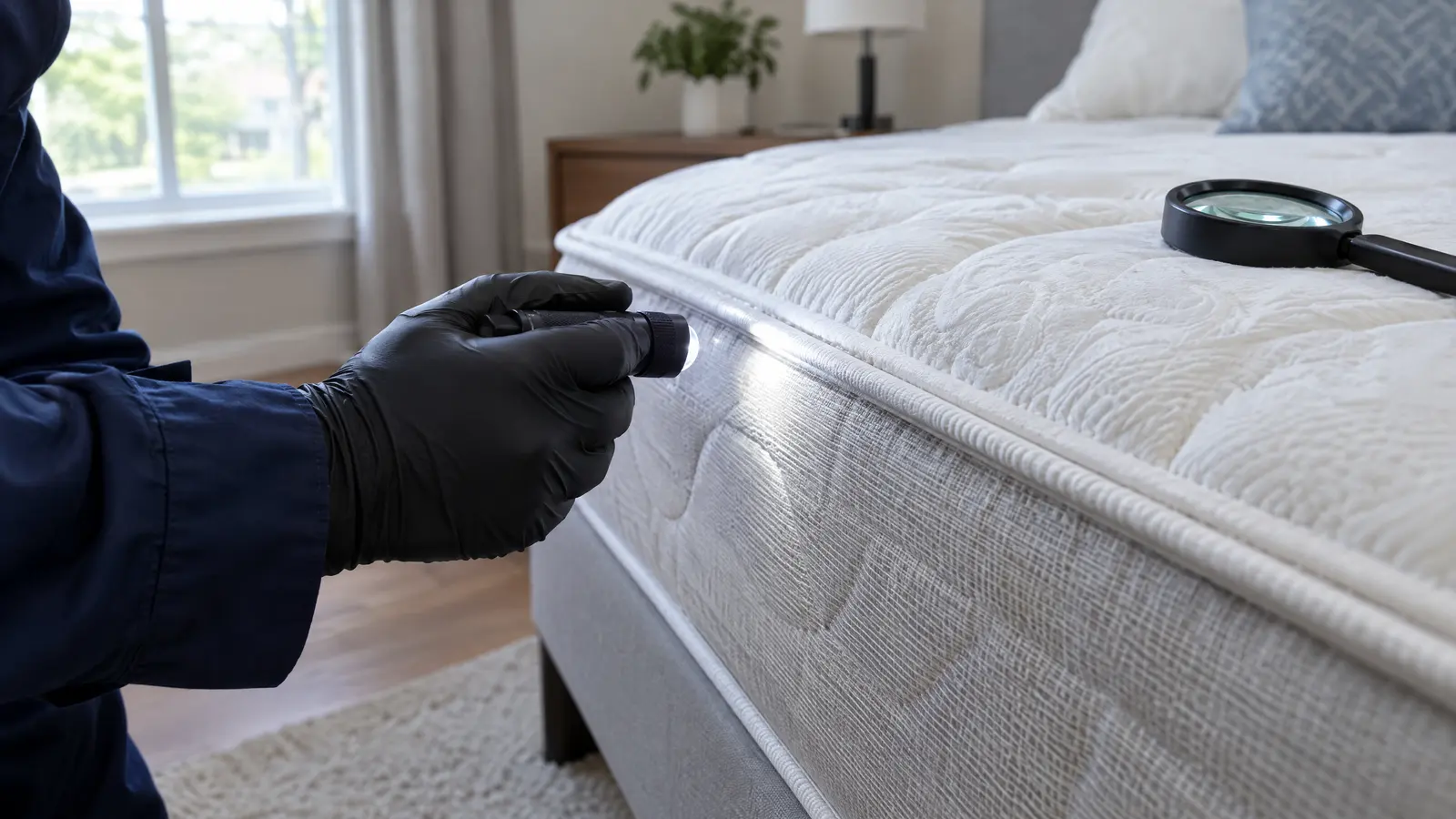Technician with a flashlight inspecting the piping seam of a mattress for bed bugs