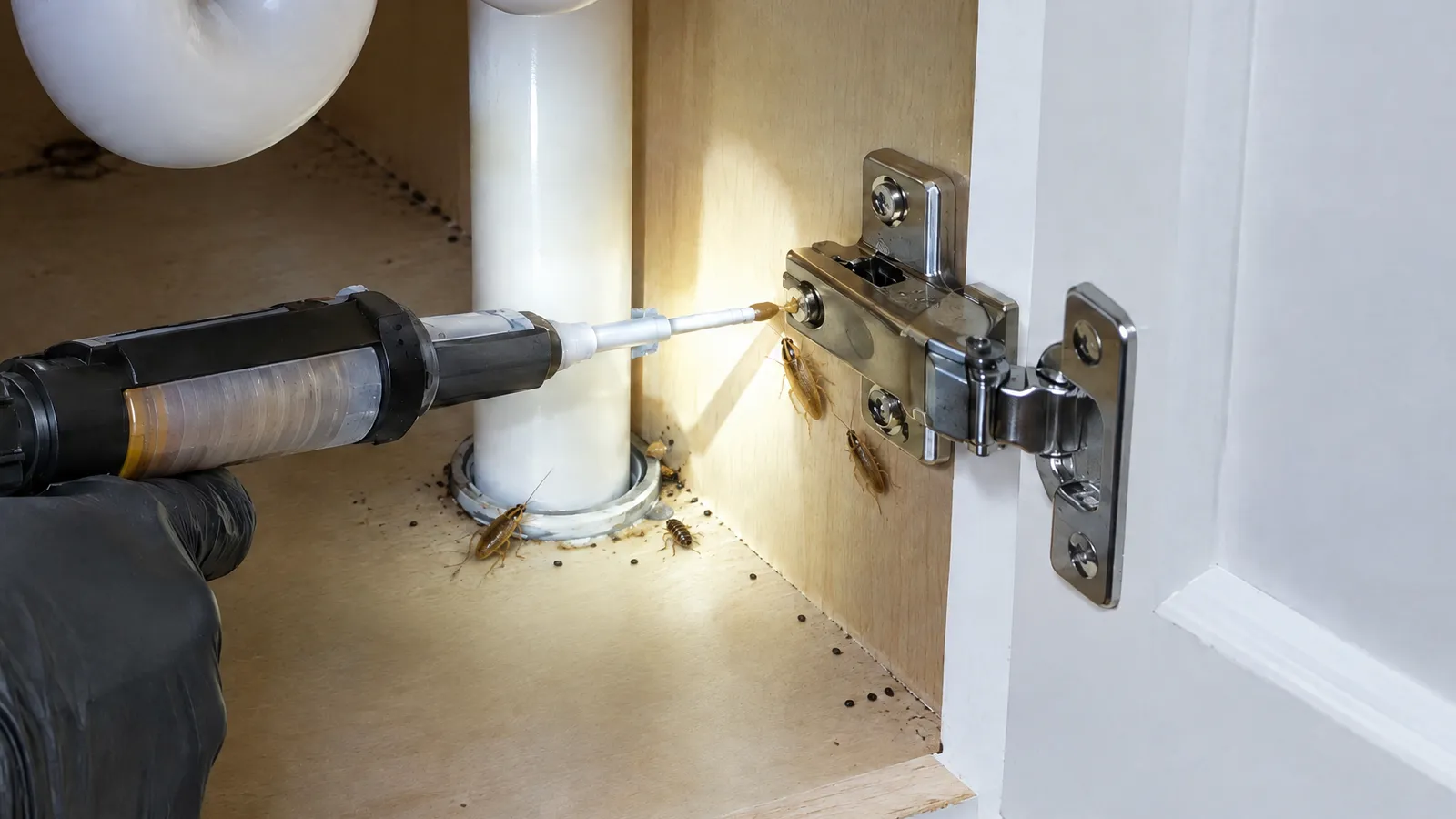 German cockroaches and droppings under a kitchen sink as a technician applies gel bait at the cabinet hinge