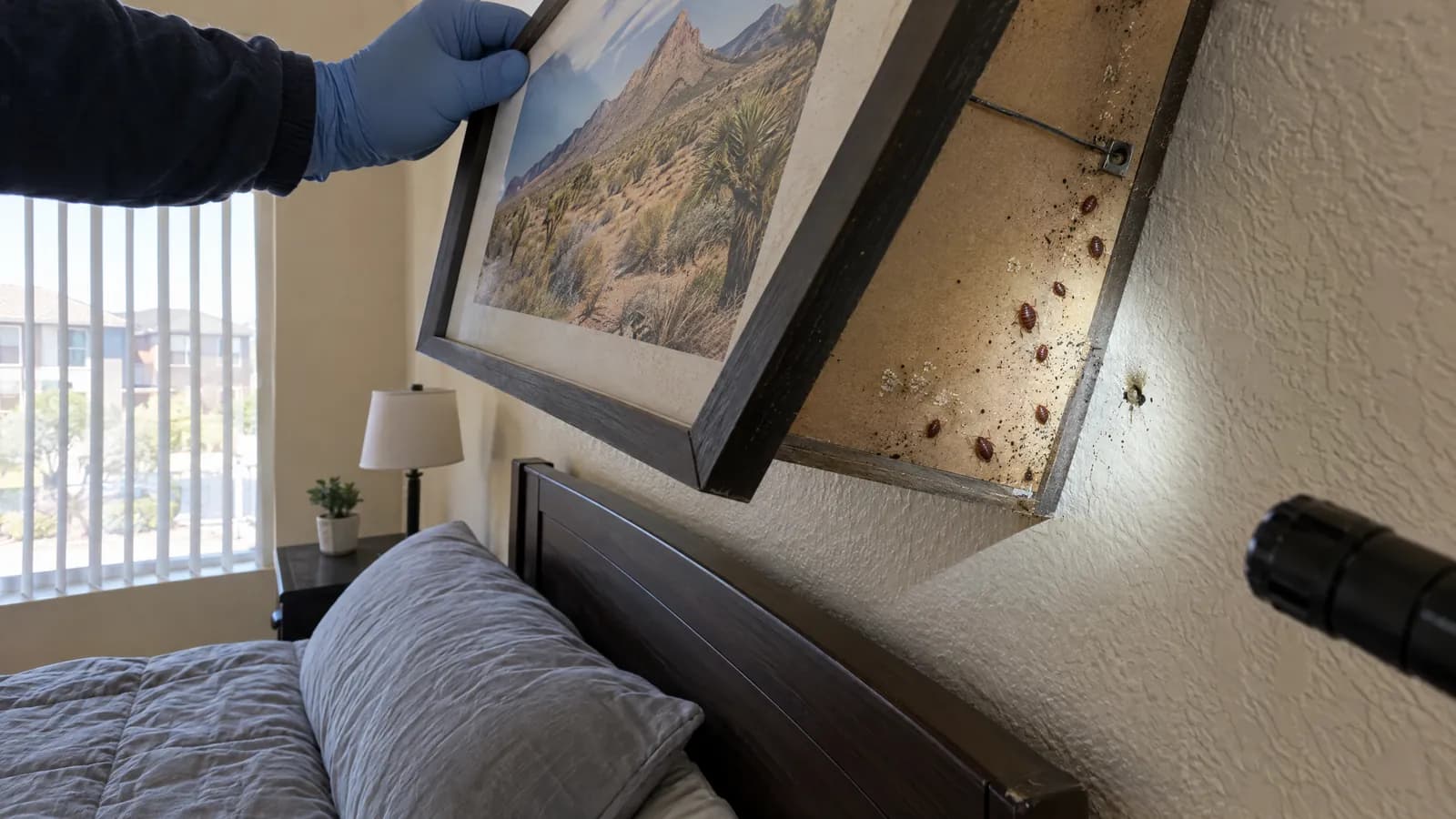 Gloved hand tilting a framed print away from the wall above a bed in a Hesperia apartment, with a flashlight showing bed bugs, pale eggs and dark spotting on the frame back and around the nail hole