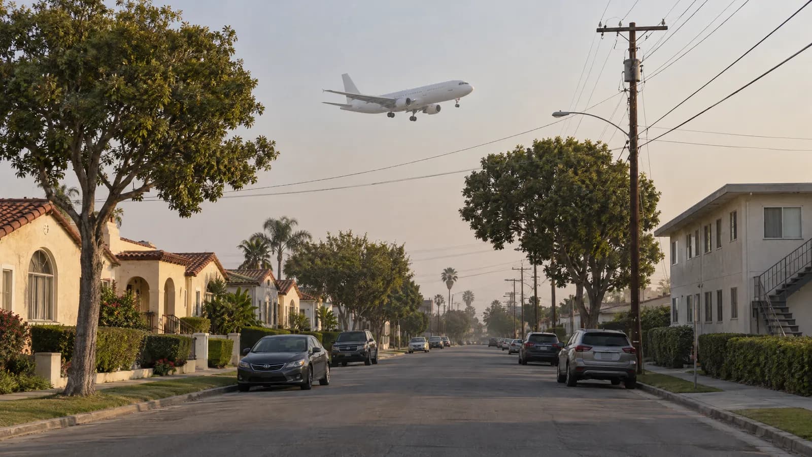 Street of 1930s Spanish-style stucco bungalows and a two-story 1950s apartment building in Inglewood, with overhead power lines and a passenger jet descending low through a hazy sky