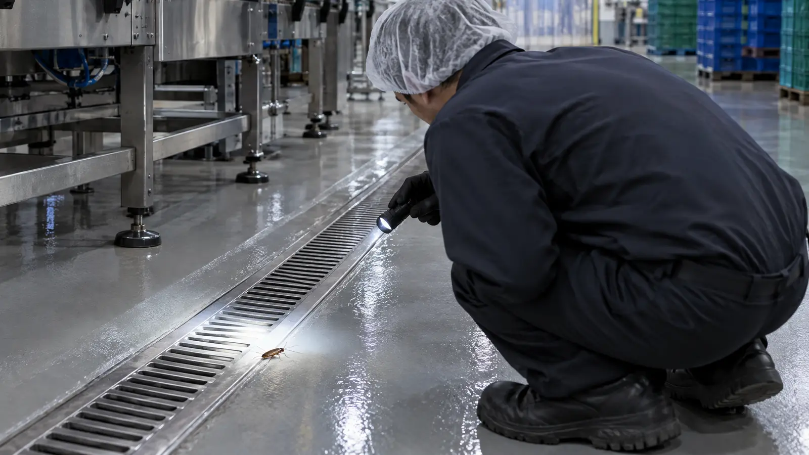 Technician crouching in a stainless-steel commercial kitchen, shining a flashlight into a floor drain and the wall-to-floor joint behind prep equipment to check for cockroaches