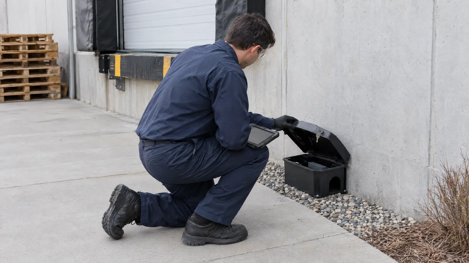 Technician kneeling beside a black tamper-resistant rodent station anchored along a concrete warehouse wall near a loading dock, checking it with the lid unlocked