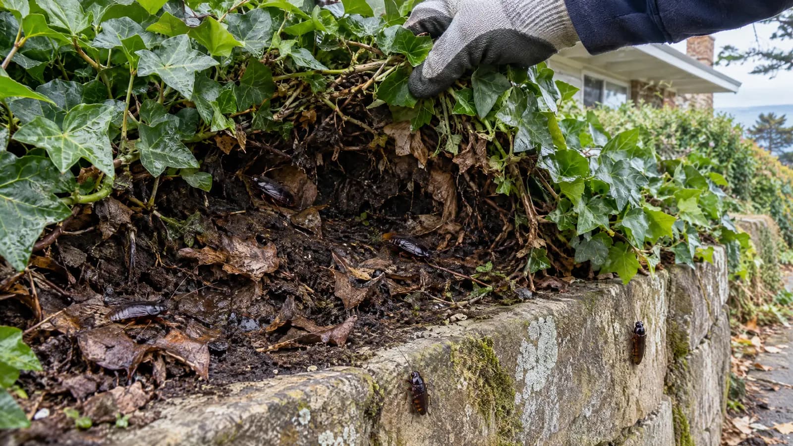 Dense English ivy ground cover lifted along a garden retaining wall, with glossy dark Oriental cockroaches in the damp leaf litter underneath and a technician's gloved hand holding the ivy back