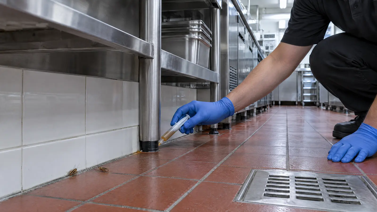 Pest technician applying gel bait at a wall-and-floor junction next to a stainless steel prep line and floor drain in a commercial restaurant kitchen