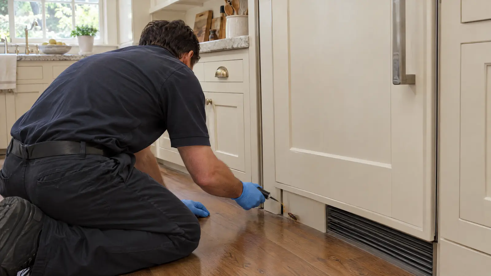 Technician kneeling in a spacious older kitchen, applying small dots of gel bait along the gap beside a built-in refrigerator next to painted wood cabinetry