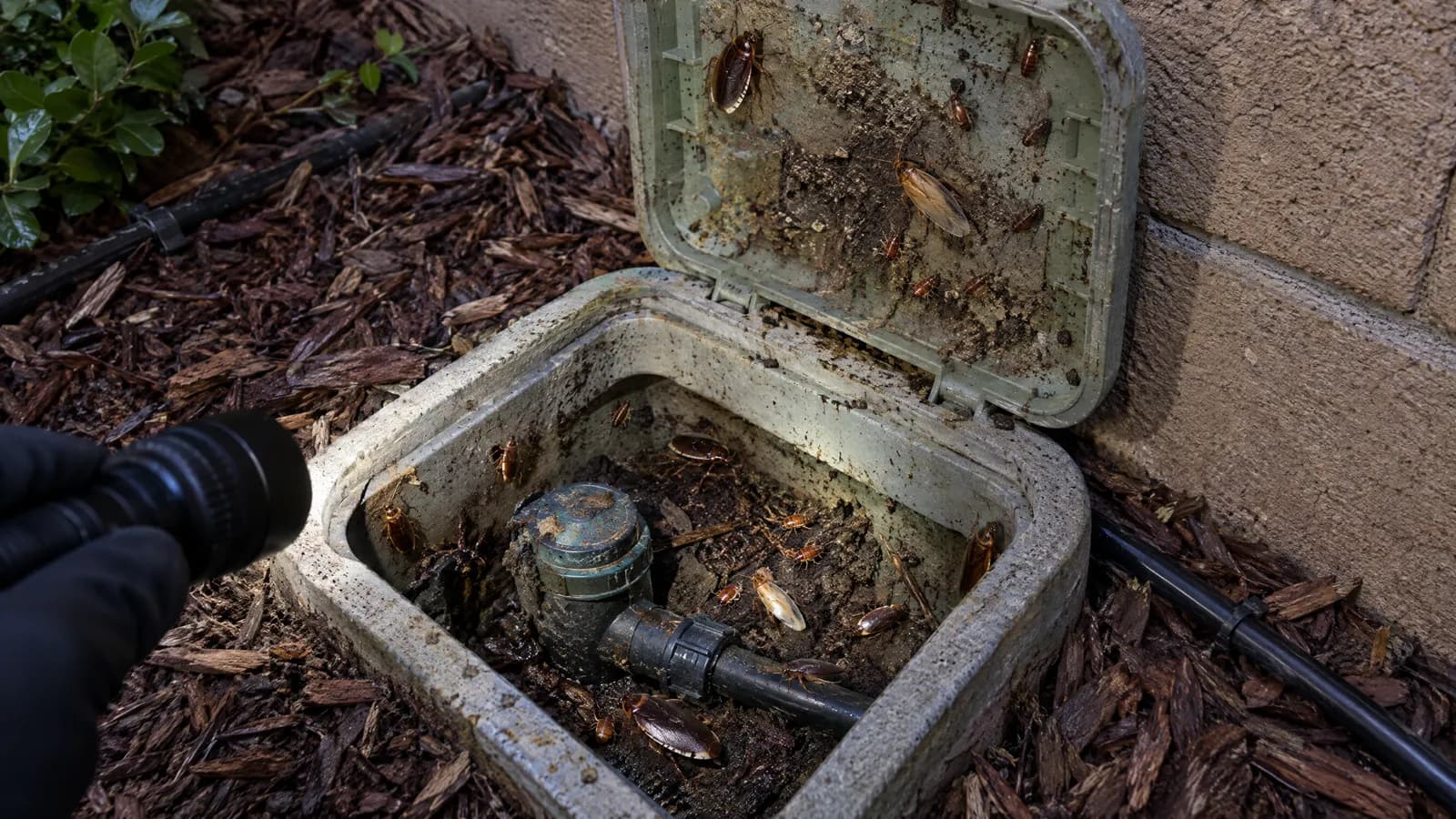 Open concrete irrigation valve box at the base of a tan block wall in a Santa Clarita backyard, with Turkestan cockroaches on the soil and lid while a gloved hand holds a flashlight