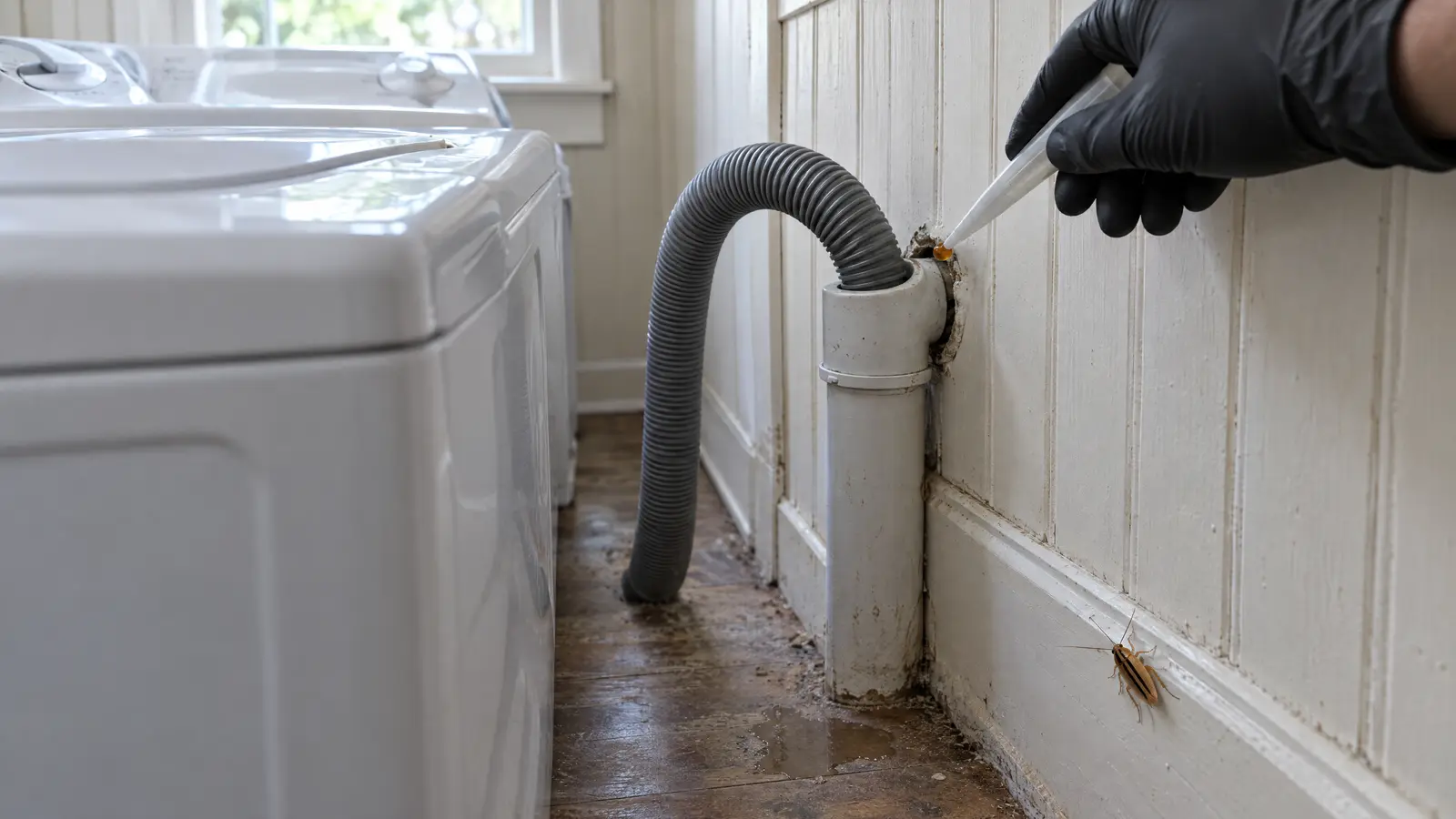 Technician's gloved hand placing a small dot of gel bait where the washer drain pipe enters the wall in a narrow laundry nook of an older wood-sided cottage