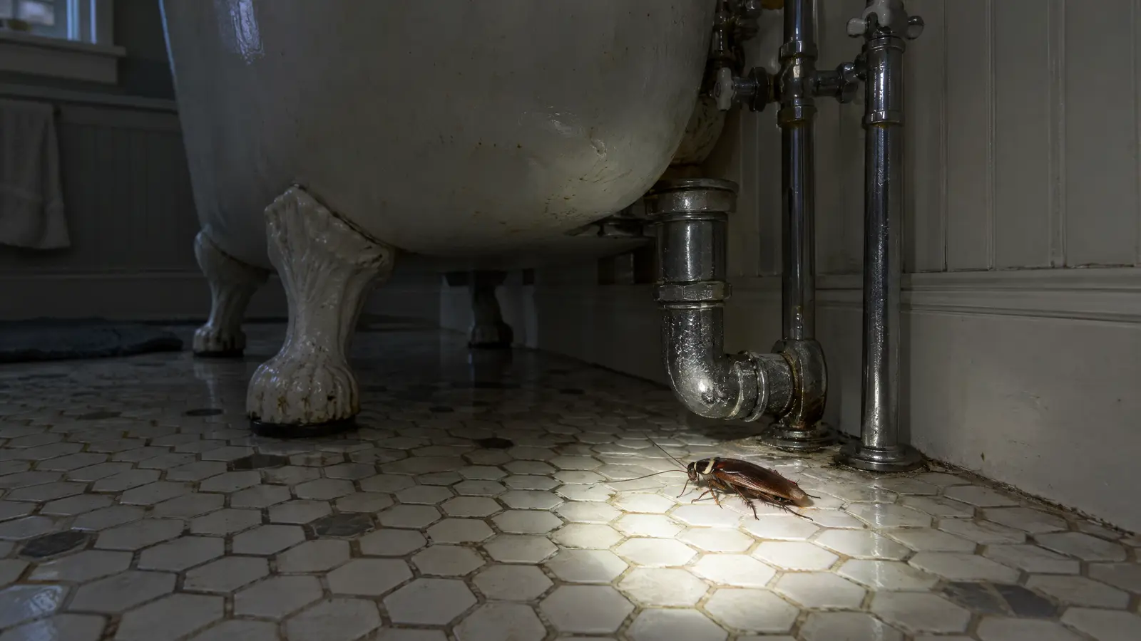 Older bathroom with a clawfoot tub and vintage hexagon tile floor, where a flashlight beam shows an American cockroach beside the exposed drain pipe