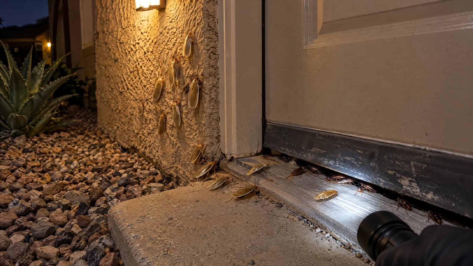 Front door of a Victorville stucco home at night, with cream-edged male Turkestan cockroaches gathered under the porch light and nymphs at a gap beneath the door as a gloved hand aims a flashlight