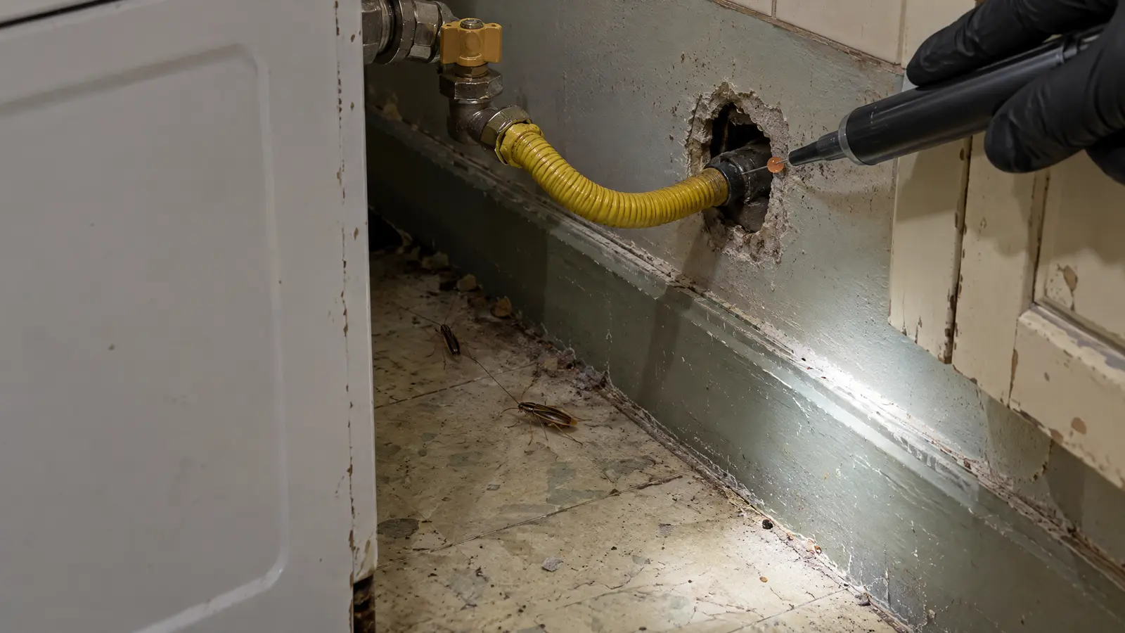 Technician's gloved hand applying gel bait in the gap behind a freestanding white gas range in an older kitchen, beside the gas line where it enters the wall