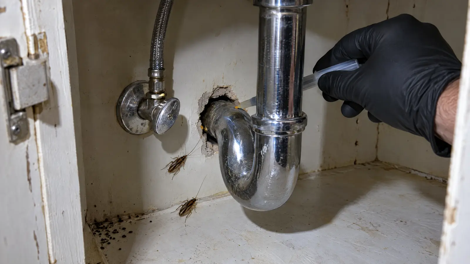 Open bathroom vanity cabinet in an older apartment, with a technician's gloved hand applying small dots of gel bait where the drain pipe enters the wall